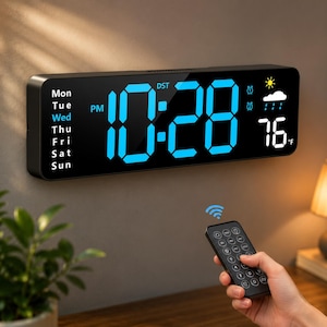 Large Digital Wall Clock with Remote Control Date Temperature Humidity LED Display