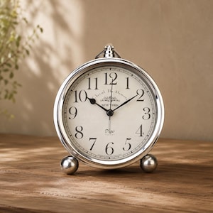 May include: A silver-toned analog table clock with a round frame and two spherical feet. The off-white clock face features black Arabic numerals, black hour and minute hands, and the text "Cherish The Memory", "NEW YORK", and "Digo LUXURY".
