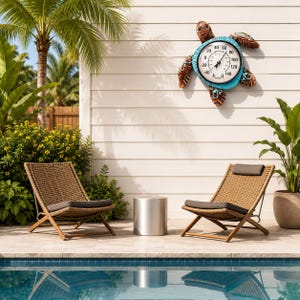 May include: A wall-mounted outdoor thermometer shaped like a sea turtle with a brown and turquoise finish. The circular dial features a white face with black numbers ranging from -40 to 140 degrees Fahrenheit and a black needle indicator.