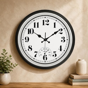 May include: A round wall clock with a black frame and a white face featuring large black Arabic numerals. The clock includes black hour and minute hands, a thin second hand, and a small circular thermometer gauge at the bottom with Fahrenheit markings.