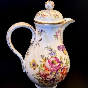 Antique Dresden Porcelain Hot Water Jug , Hand Painted German Swirl Coffee Pot Pitcher, Crown H Mark Adolf Hamann, Floral Bouquet Gold Gilt