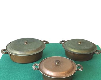 Vintage-Set aus 3 Kupferkochtöpfen/Pfannen mit Deckeln
