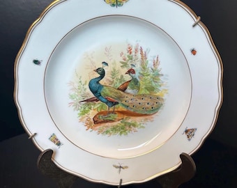 Raro piatto antico in porcellana di Meissen da collezione "Magnifico Pavone"