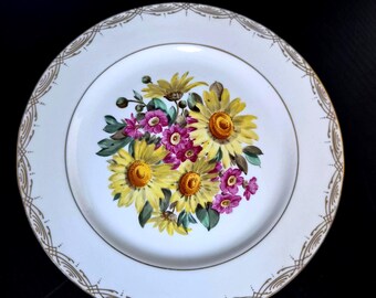 Plato antiguo de porcelana Meissen con motivos florales, 21 cm, plato de vitrina con girasoles y borde dorado, porcelana fina alemana de finales del siglo XIX/principios del siglo XX.