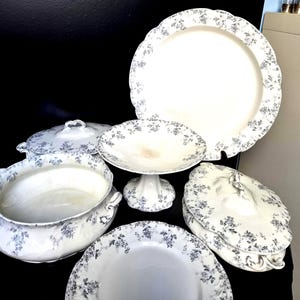 Può includere: Un set di stoviglie in ceramica bianca con un motivo floreale grigio. Il set comprende un grande piatto da portata rotondo, una coppa con piedistallo, due zuppiere con coperchio e manici laterali e un piatto piano, tutti con bordi smerlati.