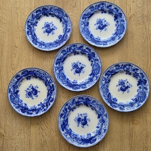 Peut inclure: Un ensemble de cinq assiettes rondes en céramique avec un centre blanc et un large bord orné d'un motif floral bleu. Chaque assiette présente un motif de fleur bleue au centre entouré de dessins botaniques bleus sur les bords festonnés.
