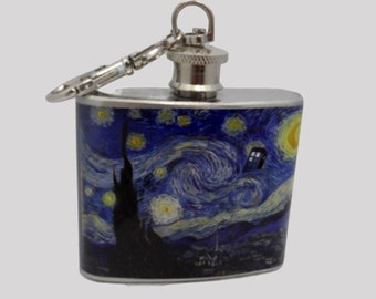 Police Box Van Gogh Hip Flask - several sizes available - 4oz 6oz 2oz 1oz - Starry Night Painting Police Booth - best friend gift