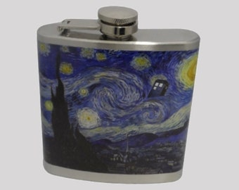 Blue police box Hip Flask  - Starry Night -  Van Gogh Starry Night Painting Police Booth -4oz 6oz 2oz 1oz