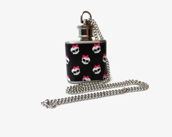 Flask Necklace 1oz - pink and black girly skulls with bows -  Looks like normal necklace when flask is hidden