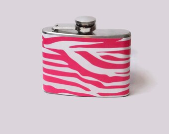 Stainless Steel Hip Flask with pink zebra stripe wrap - 4oz 6oz 2oz 1oz - cute pink animal print ladies hip flask