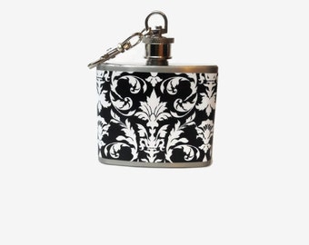 Hip Flask with white and black damask wrap - 4oz 6oz 2oz 1oz - fun 21st birthday gift when you can't go out to celebrate