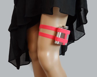 Adjustable Flask Garter 4oz Flask -  Salmon Pink - Almost Neon - melon - wedding garter