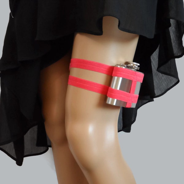 Adjustable Flask Garter 4oz Flask -  Salmon Pink - Almost Neon - melon - wedding garter