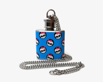 Concealable Flask Necklace 1oz - girly skulls on blue - Conceal under shirt or display awesomeness. Looks like normal necklace when hidden