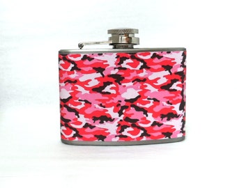 Stainless Steel Hip Flask with pink camo wrap - 4oz 6oz 2oz 1oz - small print camouflage camoflauge