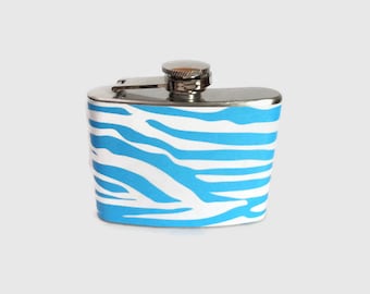 Stainless Steel Hip Flask with aqua blue zebra stripe wrap - 4oz 6oz 2oz 1oz - cute animal print