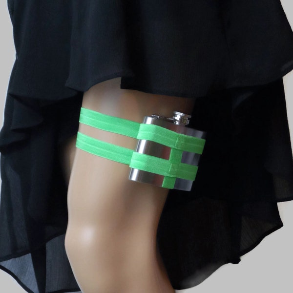Adjustable Size Flask Garter 4oz FLASK - Lime Green - bright almost neon - Fun Halloween Costume Accessory - bachelorette party favor