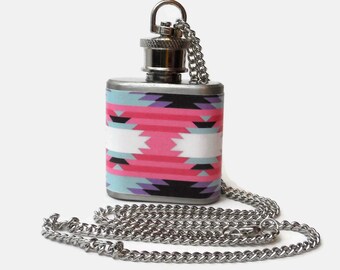 Flask Necklace 1oz - aztec geometric pink blue - Conceal under shirt or display awesomeness. Looks like normal necklace when hidden