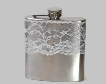 Stainless Steel Hip Flask with real white lace wrap - 4oz 6oz