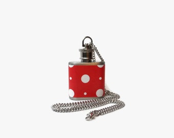 Flask Necklace 1oz - red and white polka dot pinup -  Looks like normal necklace when flask is hidden