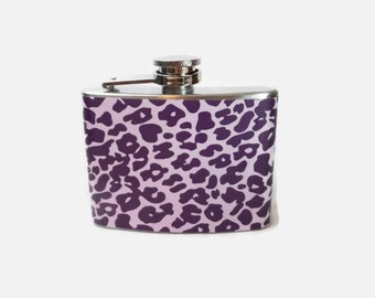 Hip Flask with dark purple leopard print on light purple wrap - multiple sizes available 4oz 6oz 2oz 1oz - cute animal print gift for sister