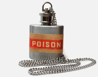 Flask Necklace 1oz - poison warning label - Conceal under shirt or display awesomeness. Looks like normal necklace when hidden