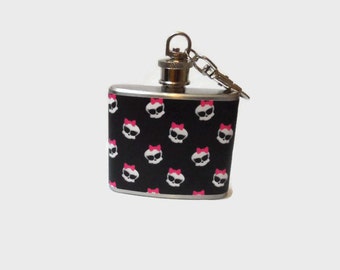 Stainless Steel Hip Flask with pink and black girly skull wrap - dia de los muertos - 4oz 6oz 2oz 1oz