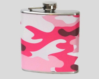 Stainless Steel Hip Flask with pink camo wrap - 4oz 6oz 2oz 1oz - camoflauge