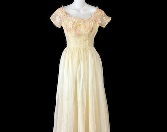 Harry Keiser Party Dress Yellow Organza Flower Applique Size 6 Vintage 1950s
