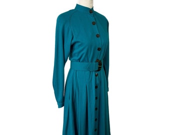 Bentley Harris Wool Long Sleeve Dress Vintage 1980s Teal Blue Made in USA