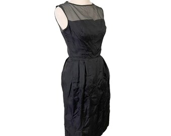Vintage 1950s Party Dress Black Illusion Bodice Tulle Beaded Size 6 Union Label