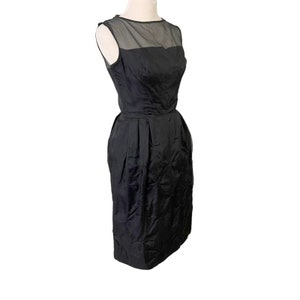Vintage 1950s Party Dress Black Illusion Bodice Tulle Beaded Size 6 Union Label