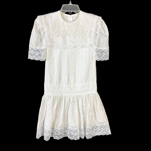 Jessica McClintock Gunne Sax Girls White Dress Size 10 Drop Waist Vintage 1980s