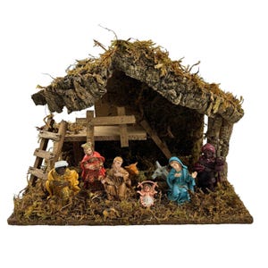 Vintage Nativity Creche Wood Stable Holy Family Wise Men Animals Made In Italy
