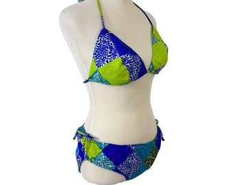 Costume da bagno Mod bikini blu e verde vintage degli anni '70 Sears Jr. Bazaar taglia L