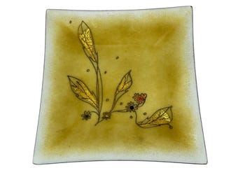 Bandeja/plato de cobre esmaltado con lámina de oro amarillo de Gerte Hacker, estilo vintage de mediados de siglo (años 60).