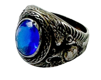 USMC Vintage Ring Sterling Silver Blue Rhinestone WWII Marine Corp Eagle