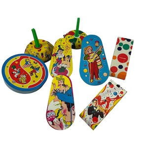 Lot of 8 Tin Litho Toy Noisemakers New Years Party US Metal Mfg Co Vintage 1950s