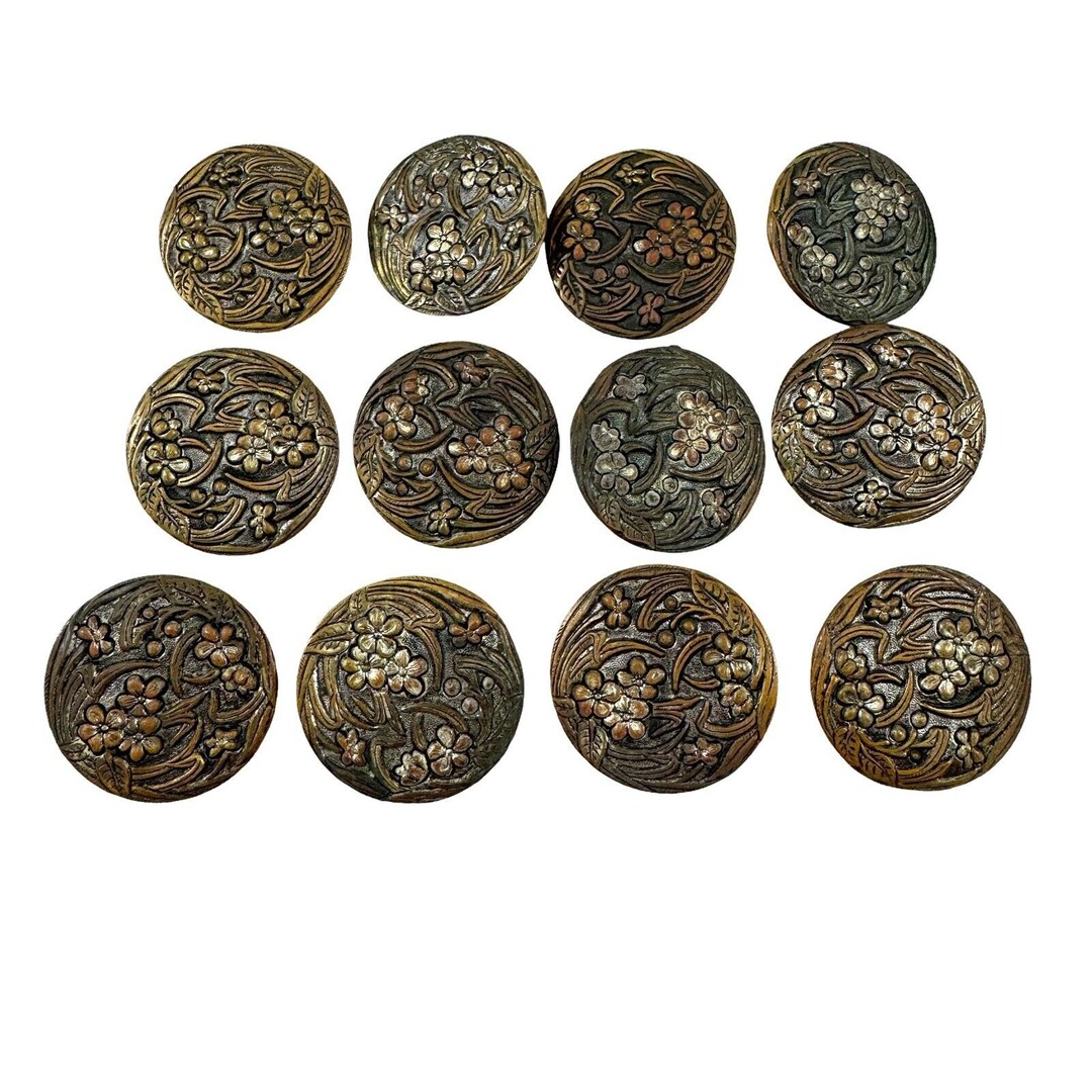 Antique Embossed Large Brass Coat Buttons Lot of 12 Art Nouveau Floral ...