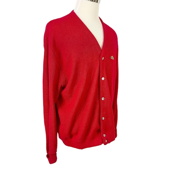 Izod Lacoste Size XL Red Acrylic Vintage 1970s Grandpa Golf Cardigan Sweater USA