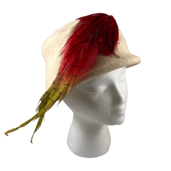 White Wool Felt Bucket Hat Vintage 1960s Red Phea… - image 1