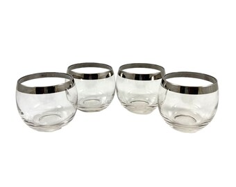 Dorothy Thorpe 4 Roly Poly Silver Rim Band 6 Oz Cocktail Glasses Vintage Barware