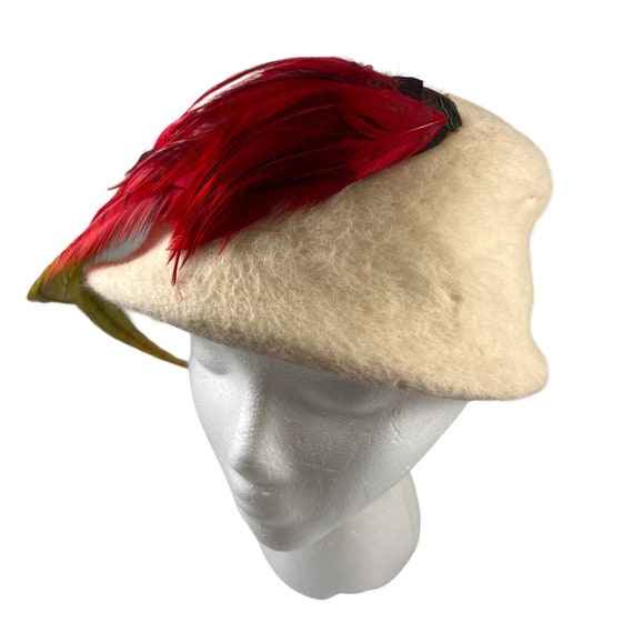 White Wool Felt Bucket Hat Vintage 1960s Red Phea… - image 2