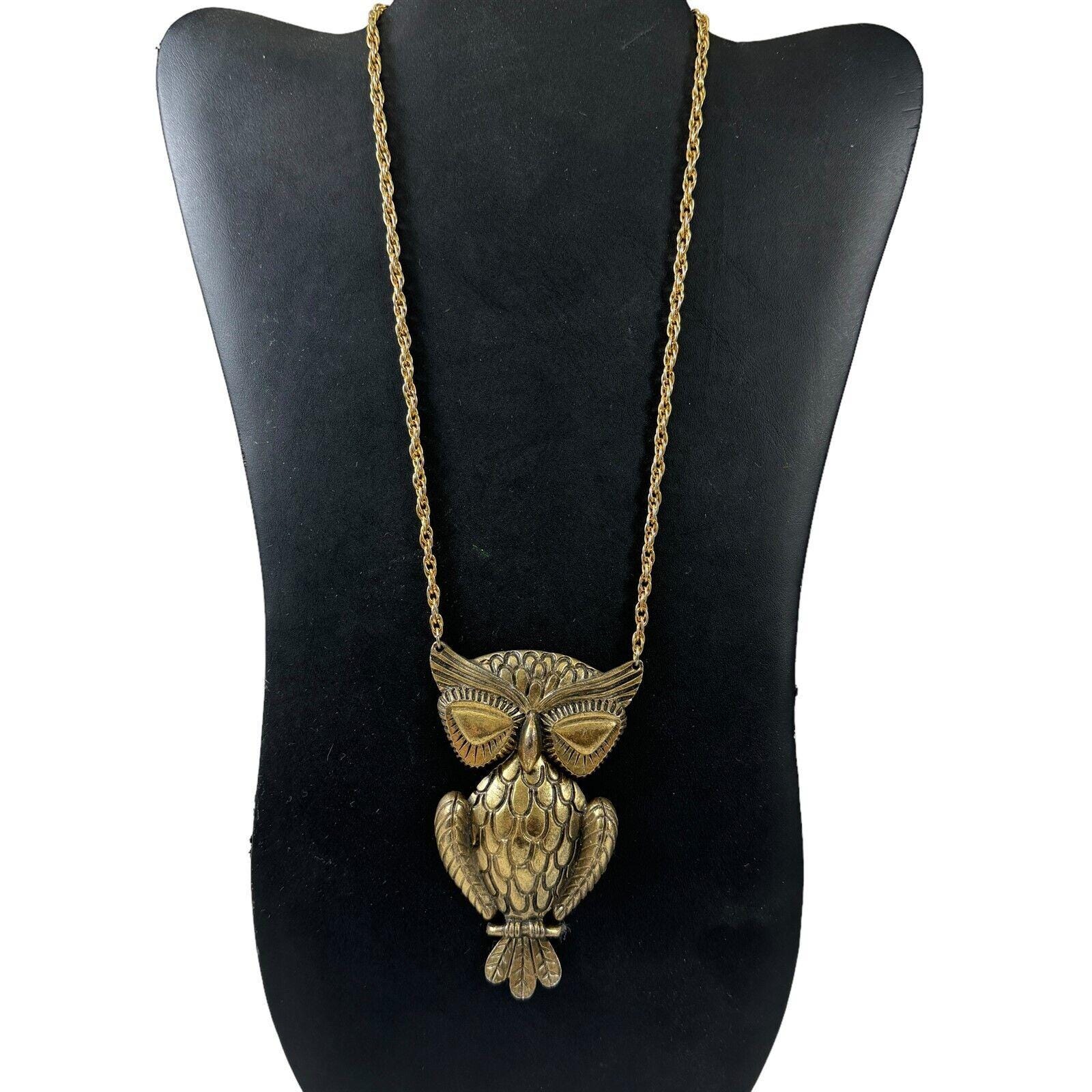 Louis Giusti Owl Pendant Statement Necklace Brutalist Goldtone Louis Giusti Owl Pendant Statement Necklace Brutalist Goldtone