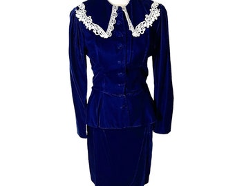 Gunne Sax Jessica McClintock Blue Velvet Jacket Top Skirt Suit Set Vintage 1980s