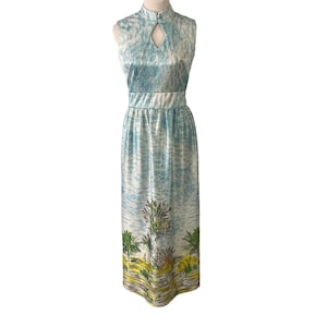 Ricano vintage maxi-jurk jaren 1970 10 aquarel wolken sleutelgat nek Tiki Hawaiian