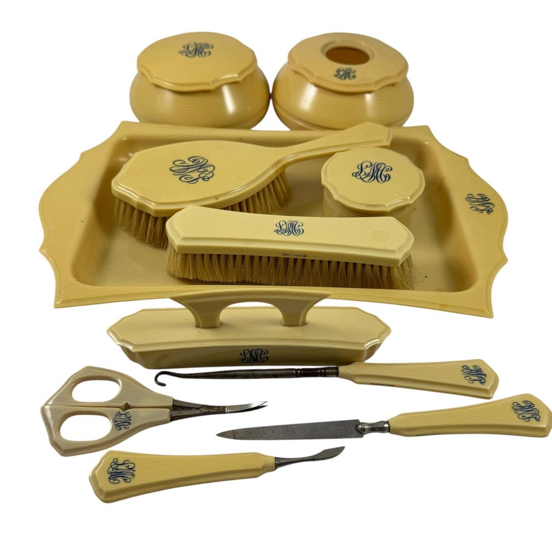 Pyralin Design Dubarry Pyralin French Ivory 11 Piece Vanity Dresser Set Vintage 1930s ...