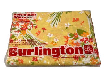 Sábana plana Burlington vintage de los años 70, sin planchado, para cama doble, color amarillo y naranja, 81x104 pulgadas.