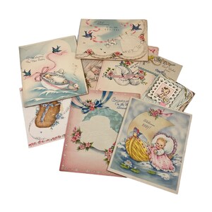 Lote de 8 cartões vintage usados de parabéns para bebês, artesanato, álbum de recortes