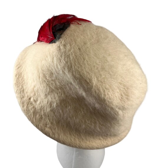 White Wool Felt Bucket Hat Vintage 1960s Red Phea… - image 3